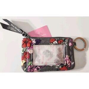 NWT Vera Bradley Zip ID Case Hope Blooms Gray White Wallet Key Ring Coin Purse